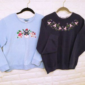 Lot of 2 Vintage Grandma Sweatshirt Novelty Sweater -L Double Collar Floral Blue
